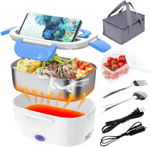 Load image into Gallery viewer, Electric Lunch Box, Food Warmer Heater 12V 24V 110V, 80W Faster Heated Lunch Box for Car/Truck/Home Portable Heating Boxes with 1.5L 304 SS Container Fork &amp; Spoon, White+Blue
