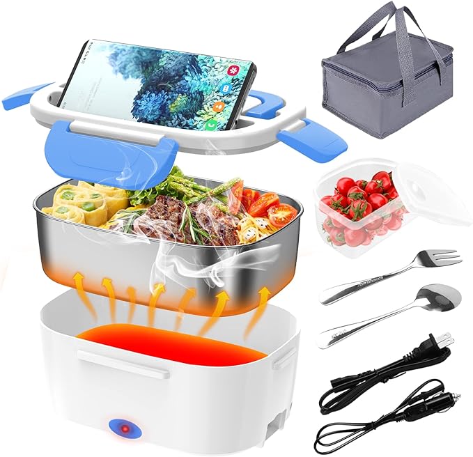 Electric Lunch Box, Food Warmer Heater 12V 24V 110V, 80W Faster Heated Lunch Box for Car/Truck/Home Portable Heating Boxes with 1.5L 304 SS Container Fork & Spoon, White+Blue