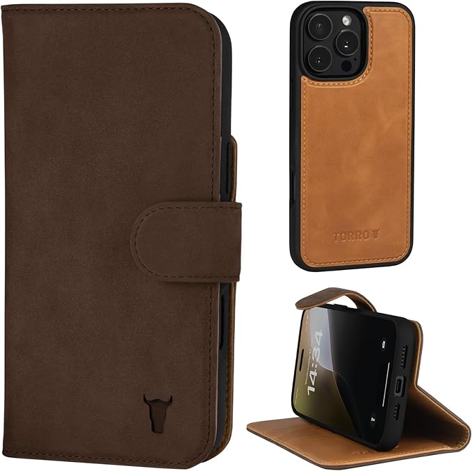 TORRO Nubuck Leather Case Compatible with iPhone 16 Pro Max – Leather Bumper Case with Magnetically Detachable Wallet Cover with Kickstand (Compatible with Official MagSafe Chargers) - Dark Brown