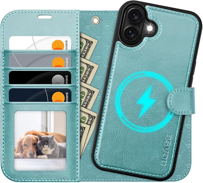 OCASE for iPhone 16 Plus Case Detachable Wallet Case with Card Holder, 2 in 1 Pu Leather Flip Folio with RFID Blocking Stand Wrist Strap Shockproof Phone Cover 6.7 Inch 2024, Ice Blue