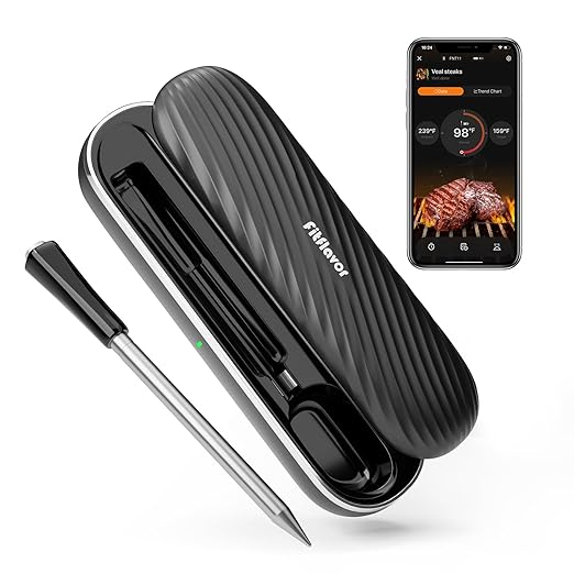 500ft Bluetooth Wireless Meat Thermometer for Smoker, Fitflavor Digital Grill Meat Thermometer Wireless for Grilling BBQ Cooking Oven Rotisserie, Rechargeable, IP67 Waterproof Probe(FNT11-1)