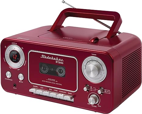 Portable Stereo CD Player with Bluetooth, AM/FM Stereo Radio and Cassette Player/Recorder (Red & Silver)