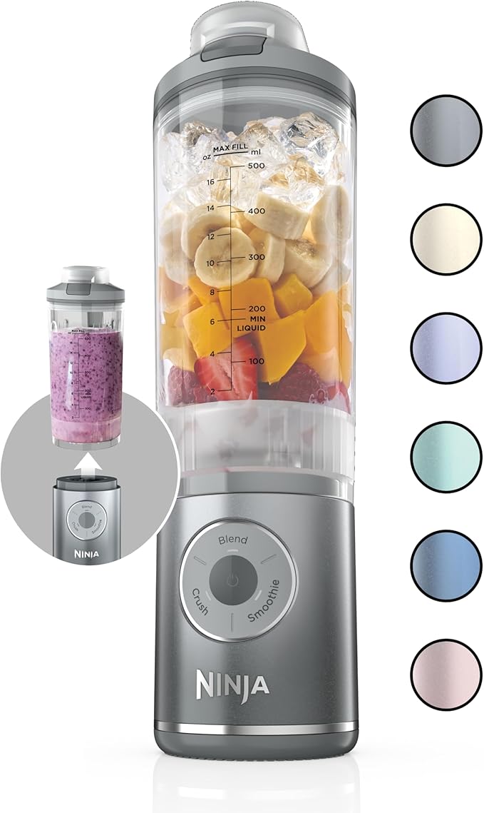 Ninja Blast Max, Portable Blender + Twist & Go, Personal Blender, Ninja Blender, Smoothie, Blend, Ice Crush, 3 Programs, Cordless, 22 oz removable Vessel, Dishwasher Safe, Leakproof, Silver, BC251SL