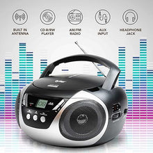 Load image into Gallery viewer, Tyler Portable Boombox CD Player AM/FM Radio Combo, Dynamic Boom Box CD Players for Home/Outdoor Portable Stereo with Speakers, Long Antenna for Best Reception Aux Input/3.5mm Headphone Jack, Silver
