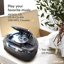 Load image into Gallery viewer, Philco Bluetooth CD Boombox with Cassette, MP3 CD USB Playback The Ultimate Retro Music Combo with Best Class Sound Performance, 12 watts, and Telescopic FM Antenna Provides Maximum Radio Reception
