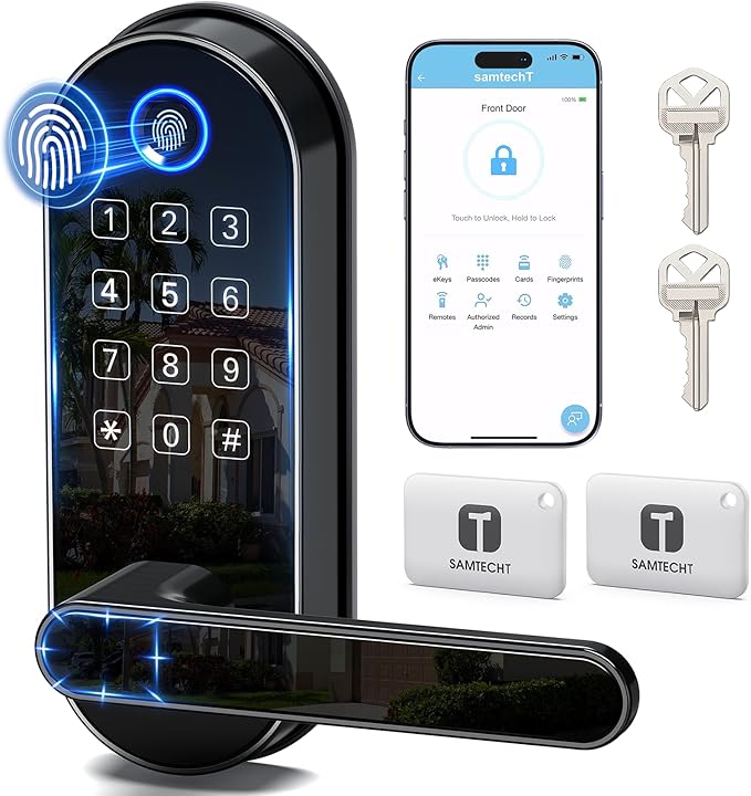 Keyless-Entry Keypad Fingerprint Smart Lock: Digital Door Lock with Code Passcode, Electronic Door Handle, Biometric Door Knob for Entry Door, Bedroom Door (Black)