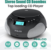 Load image into Gallery viewer, PHILCO Portable Boombox with CD Player | Compatible with MP3/WMA/CD-R/CD-RW | FM Radio | 3.5mm Aux Input | Stereo Sound | LED Display | AC/Battery Powered for indoor &amp; outdoor| Compact and Easy-to-Use
