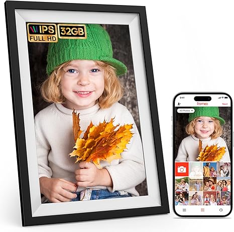 32GB FRAMEO 10.1 Inch Smart WiFi Digital Picture Frame, 1280x800 HD IPS Touch Screen, Wall Mountable, Auto-Rotate Portrait and Landscape, Share Photos/Videos and Send Best Wishes via Free App