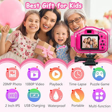 Load image into Gallery viewer, Agoigo Kids Waterproof Camera Toys for 3-12 Year Old Girls Christmas Birthday Gifts, Kids Underwater Sports Camera HD Children Digital Action Camera 2 Inch Screen with 32GB Card (Rose Red)
