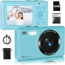 Load image into Gallery viewer, Upgrade Digital Camera, FHD 4K 44MP Autofocus Digital Point and Shoot YouTube Camera with 16X Zoom, 32GB SD Card, Compact Digital Camera Cheap for Teens Boys Girls Kids Blue Camera
