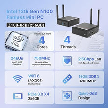 Load image into Gallery viewer, MINIX Z100-0dB Fanless Mini PC, Intel 12th Gen N100, 8GB DDR4, 256GB M.2 PCIe Gen3 x 4 NVMe SSD Windows 11 Pro Desktop Computer, 4K Dual Display/2.5G LAN/USB3.2/USB-C/Vesa Mount/Auto Power On
