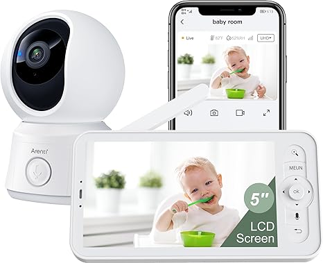 ARENTI Video Baby Monitor with Camera and Audio, 5-inch Smart Baby Camera Monitor with Free Phone App, 1080P, VOX, PTZ, One-Touch Call, Temp Sensor, Lullaby, Night Vision, Auto Tracking, 2-Way Talk