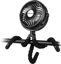 Load image into Gallery viewer, AMACOOL Battery Operated Stroller Fan Flexible Tripod Clip On Fan with 3 Speeds and Rotatable Handheld Personal Fan for Car Seat Crib Bike Treadmill (Black)
