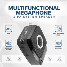 Load image into Gallery viewer, Voice Amplifier with 2 Wireless Mics, 25W High Capacity 5200mAh Personal Voice Amplifier Portable Pa System Megaphone Bluetooth Speaker,Wireless Microphone System for Teaching, Fitness, Outdoor
