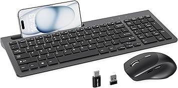 Wireless Keyboard and Mouse, Ergonomic Keyboard Mouse with Phone Holder, 2.4GHz Cordless Keyboard Mouse for Mac, Windows, PC, Laptop ?Black?