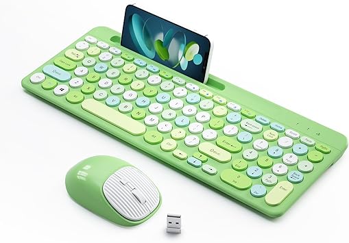 Bluetooth Keyboard and Mouse Wireless, Multi-Device Rechargeable Keyboard and Mouse Combo with Phone Holder (Bluetooth 5.0+3.0+2.4GHz) Quiet Ergonomic Compatible with Mac/Windows/iOS/Android (Green)