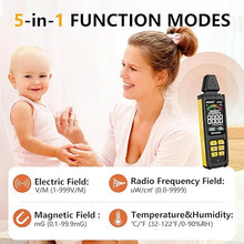 Load image into Gallery viewer, EMF Detector, MESTEK 5 in 1 EMF Meter Radiation Detector, Electric Field,Radio Frequency Field Temperature, Magnetic Field Strength Meter, Rechargeable EMF Reader Home EMF Detection and Ghost Hunting
