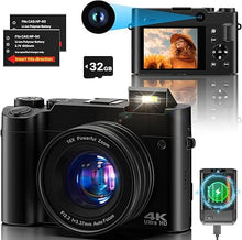 Load image into Gallery viewer, 4K Digital Camera, 64MP Dual Cameras for Photography Autofocus Anti-Shake, Video Vlogging Camera for YouTube, Compact Travel Camera with 32GB SD Card, 16X Digital Zoom, Flashlight, 2 Batteries+Charger
