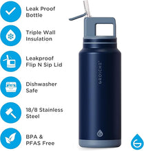 Load image into Gallery viewer, GROSCHE Alpine Flip n' Sip 40 oz Insulated Water Bottle - Stainless Steel, Leakproof Flask with Straw - Perfect for Gym, Travel &amp; Outdoor Use - Keeps Water Cold up to 60 hrs - Mountain Blue
