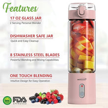 Load image into Gallery viewer, BRENTWOOD RJB-100PK Portable Battery-Operated USB-Chargeable Glass Blender, 17 oz, Pink
