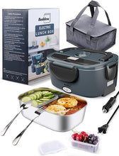 Load image into Gallery viewer, Buddew Electric Lunch Box 80W Food Heater for Adults, 12/24/110V Portable Lunch Warmer Upgraded Heated Lunch Box for Car/Truck/Office with SS Fork&amp;Spoon and Insulated Carry Bag (Gray+Black Handle)
