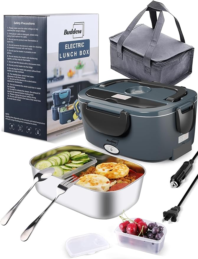 Buddew Electric Lunch Box 80W Food Heater for Adults, 12/24/110V Portable Lunch Warmer Upgraded Heated Lunch Box for Car/Truck/Office with SS Fork&Spoon and Insulated Carry Bag (Gray+Black Handle)