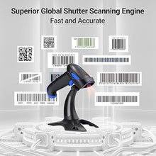 Load image into Gallery viewer, Tera Barcode Scanner Wireless 1D 2D QR with Stand: Battery Level Indicator 3 in 1 Works with Bluetooth 2.4G Wireless USB Wired Handheld Bar Code Reader with Vibration Alert HW0002 Blue
