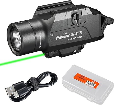 Fenix GL23R 1200 Lumen Rail Mounted Tactical Flashlight, USB-C Rechargeable, Compatible with 1913 or GL Rail with Green Beam and Lumentac Organizer