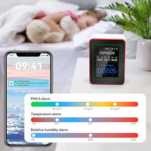 Load image into Gallery viewer, 15-in-1 Air Quality Monitor Indoor CO/CO2/HCHO/TVOC/AQI/PM0.3/PM1.0/PM2.5/PM10/Thermometer/Humidity Monitor/Date and Time/Alarm Clock/Timer/Mobile APP, WiFi, Alerts &amp; Notifications (White Red)
