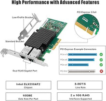 Load image into Gallery viewer, 10Gb PCI-E NIC Network Card for Intel X550-T2,2.5GbE/5GbE/10GbE Copper Dual RJ45 Ports,with Intel ELX550AT2 Chip,10GbE PCI Express 3.0 X4 Ethernet Adapter Support Windows/Linux/VMware
