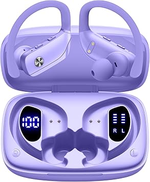 bmani Wireless Earbuds Bluetooth Headphones 48hrs Play Back Sport Earphones with LED Display Over-Ear Buds with Earhooks Built-in Mic Headset for Workout Purple