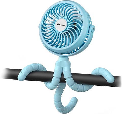 AMACOOL Battery Operated Stroller Fan Flexible Tripod Clip On Fan with 3 Speeds and Rotatable Handheld Personal Fan for Car Seat Crib Bike Treadmill (Blue)
