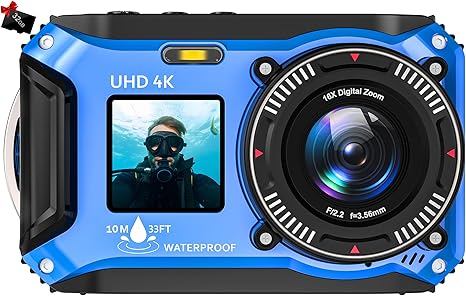 Digital Camera - 4K 56MP 33FT UHD Underwater Camera for Snorkeling with 32GB Card Dual-Screen Compact Waterproof Dustproof Floatable Camera - Autofocus Point and Shoot Digital Camera 1500mAh Battery