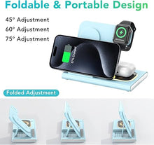 Load image into Gallery viewer, 3 in 1 Foldable Charging Station for Apple Products,Fast Wireless Charger Travel Dock Adapter&amp;Light for iPhone 16/15/14/13/12/11/X/XS,for iWatch 10/9/8/7/Ultra2/Ultra/SE,for AirPods 4/3/2/Pro/2(Blue)
