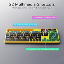 Load image into Gallery viewer, Wireless Keyboard and Mouse Combo, Soueto 2.4G Full-Sized Computer Keyboard with Phone Tablet Holder, 22 Multimedia Shortcuts, Numeric Keypad, 6 Button Silent Mouse for Windows, Mac (Yellow)
