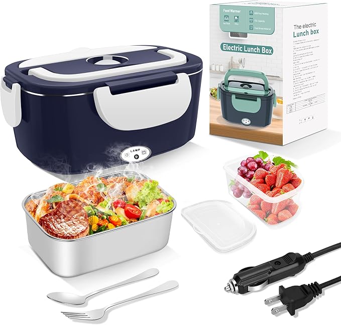 Electric Heated Lunch Boxes Adults: 80W Electric Lunch Box Food Heated 12/24/110V 1.5L Heatable Lunch Box for Car/Truck/Office Leak-Proof Stainless Steel Container, Fork & Spoon, Bag (Blue+White)