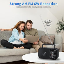 Load image into Gallery viewer, AM FM Radio with Bluetooth Speaker, Rechargeable Radio Portable, AC Plug in or Battery Powered Transistor Radio with Headphone Jack, Large Tuning Knob for Home/Outdoor/Office
