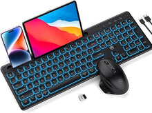 Load image into Gallery viewer, Wireless Keyboard and Mouse, MicroPack Bluetooth Keyboard and Mouse, 7 Backlit Dual Mode Multi Device Bluetooth Keyboard, 3 Adjustable DPI, Rechargeable with Tablet Holder for Mac, Windows Black
