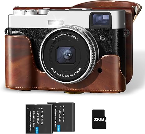 Upgraded 4K Digital Camera with Leather Case, 48MP Vlogging Cameras for Photography and Video with Viewfinder, Point and Shoot Camera for YouTube with 32G Card & 2 Batteries