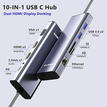 Load image into Gallery viewer, Docking Station Dual Monitor for Dell/HP/Lenovo Laptop, USB C Docking Station 3 Monitor, Dual HDMI Adapter for 2 Monitors, 10 in 1 USB C Hub with 2 HDMI + VGA + Ethernet + 2 USB+SD/TF+100W PD+Audio
