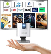 Load image into Gallery viewer, Mini Projector Android TV with Wireless 5G Wifi and Bluetooth,1080P Support, Portable Pocket DLP Smart Projector with stand Built in Apps , Speaker, Rechargeable Battery, Airplay, Netflix for camping
