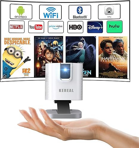 Mini Projector Android TV with Wireless 5G Wifi and Bluetooth,1080P Support, Portable Pocket DLP Smart Projector with stand Built in Apps , Speaker, Rechargeable Battery, Airplay, Netflix for camping