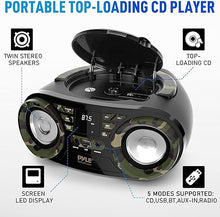 Load image into Gallery viewer, Pyle Portable CD Player Bluetooth Boombox Speaker - AM/FM Stereo Radio &amp; Audio Sound, Supports CD-R-RW/MP3/WMA, USB, AUX, Headphone, LED Display, AC/Battery Powered, Camouflage - Pyle PHCD55.5
