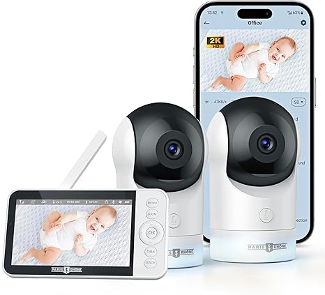 PARIS RHÔNE Split-Screen Baby Monitor, 5” Smart Video Baby Monitor with App Control, Two 2K UHD WiFi Cameras, Night Vision, Motion & Cry Detection, AI Tracking, RGB Night Light, Lullabies, Blue