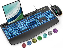 Load image into Gallery viewer, Wired Keyboard and Mouse, Large Print Backlit Keyboard with Wrist Rest and 7-Color Backlit, Lighted Computer Keyboards Easy to See, Light Up USB Keyboard Mouse Combo for PC, Windows, Laptop SABLUTE

