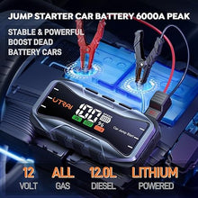 Load image into Gallery viewer, Jump Starter,6000A Battery Jump Starter Portable,65W Fast Charger 12V Lithium Car Jump Box,Auto Battery Booster Power Bank Jumper with LCD Display,Flashlight,Storage Case (All Gas/12L Diesel Engine)
