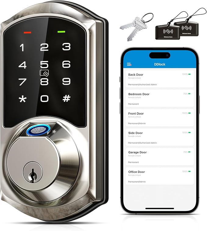 Veise Fingerprint Smart Lock for Front Door, 7-in-1 Keyless Entry Deadbolt with App Control, Electronic Digital Locks with Touchscreen Keypad, Auto Lock, Easy Install, Waterproof, Satin Nickel