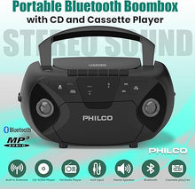 Load image into Gallery viewer, PHILCO Portable Bluetooth Boombox with CD &amp; Cassette Player | Cassette Recorder | Bluetooth Audio | MP3/WMA/CD-R/CD-RW Compatible | FM Radio | 3.5mm Aux &amp; Headphone Jack | AC/Battery for Portability
