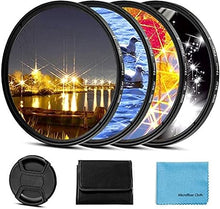 Load image into Gallery viewer, 82mm Star Filter 4 Pieces Starburst Lens Filter(4 Points,6 Points,8 Points,12 Points) with Centre Pinch Lens Cap for Canon Nikon Sony Olympus Pentax and Other DSLR Cameras + 4 Slot Filter Pouch
