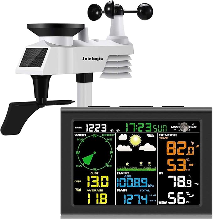 Sainlogic Wireless Weather Station with Outdoor Sensor, 8-in-1 Weather Station with Weather Forecast, Temperature, Air Pressure, Humidity, Wind Gauge, Rain Gauge, Moon Phrase, Alarm Clock (No WiFi)